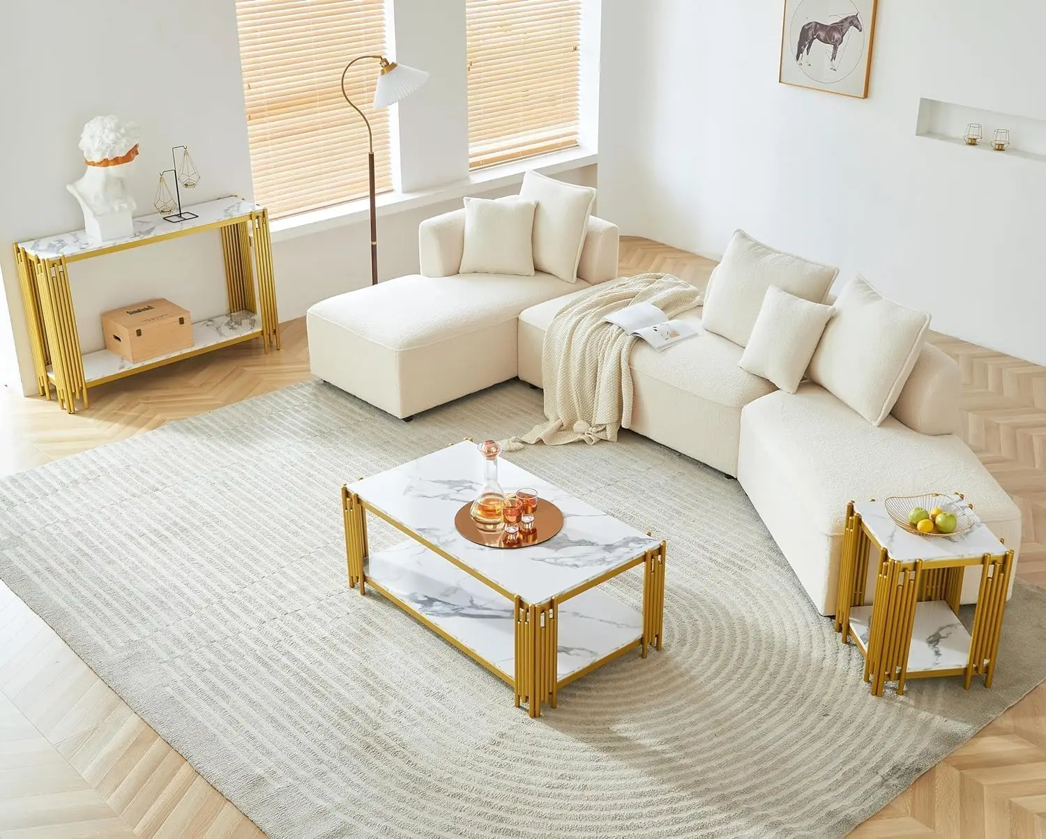 Square White Marble End Table with Gold Metal Frame, 2-Tier Faux Marble Side Table with Storage, Mid Century Modern Side Table f