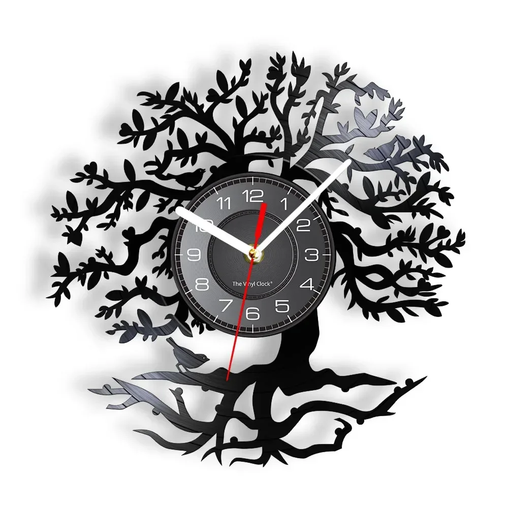 Tree of Life Laser Etched Vinyl Wall Clock Tree Shape Upspring LED Backlight Modern Wall Watch Silent Living Room Hanging Decor