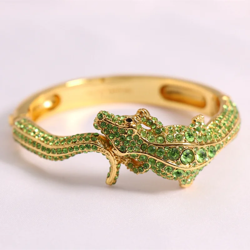 

Full Rhinestone Green Lizard Crocodile Earrings Bangles Ring Necklace Set for Women Statement Jewelry Gift