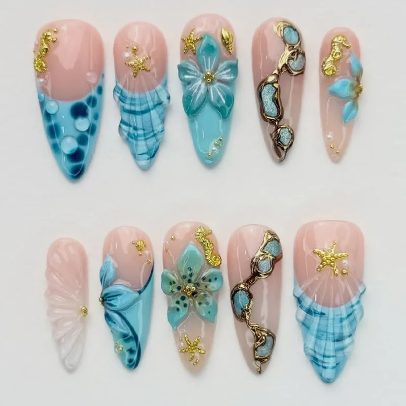 

24Pcs Summer Blue Smudge French Nails Set Press on 3D Flower Starfish Gilded Design Fake Nail Almond Detachable False Nails Tips