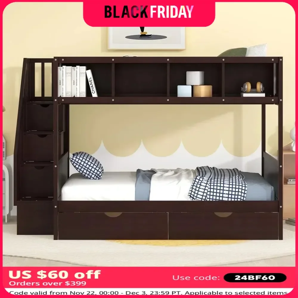 Bunk Beds, Twin Over Full Bunk Bed with Shelfs, Storage Staircase and 2 Drawers, Wooden Bunk Bedframe Bedroom Furniture