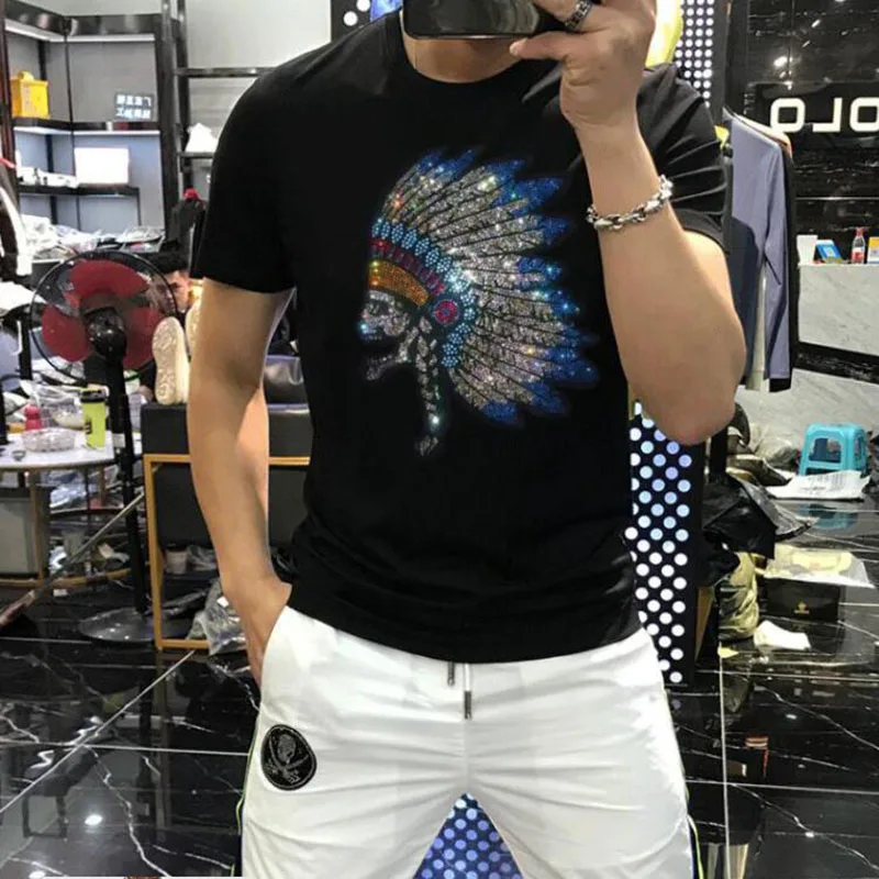 BORUNKE Men Casual Diamond Stone T-Shirts Cotton Short Sleeve Beach Tops Streetwear Summer Breathable Diamond 085