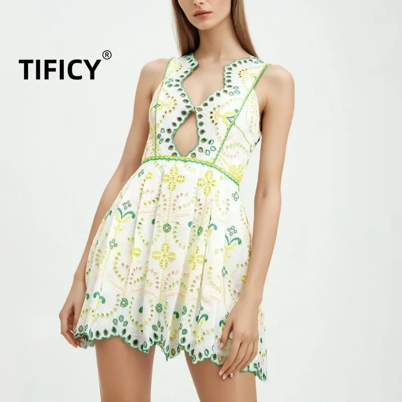 

TIFICY Vacation Style Waist Cinching Slimming Sleeveless Dress Women's New Sexy Hollow Embroidery Design Short Mini Dress