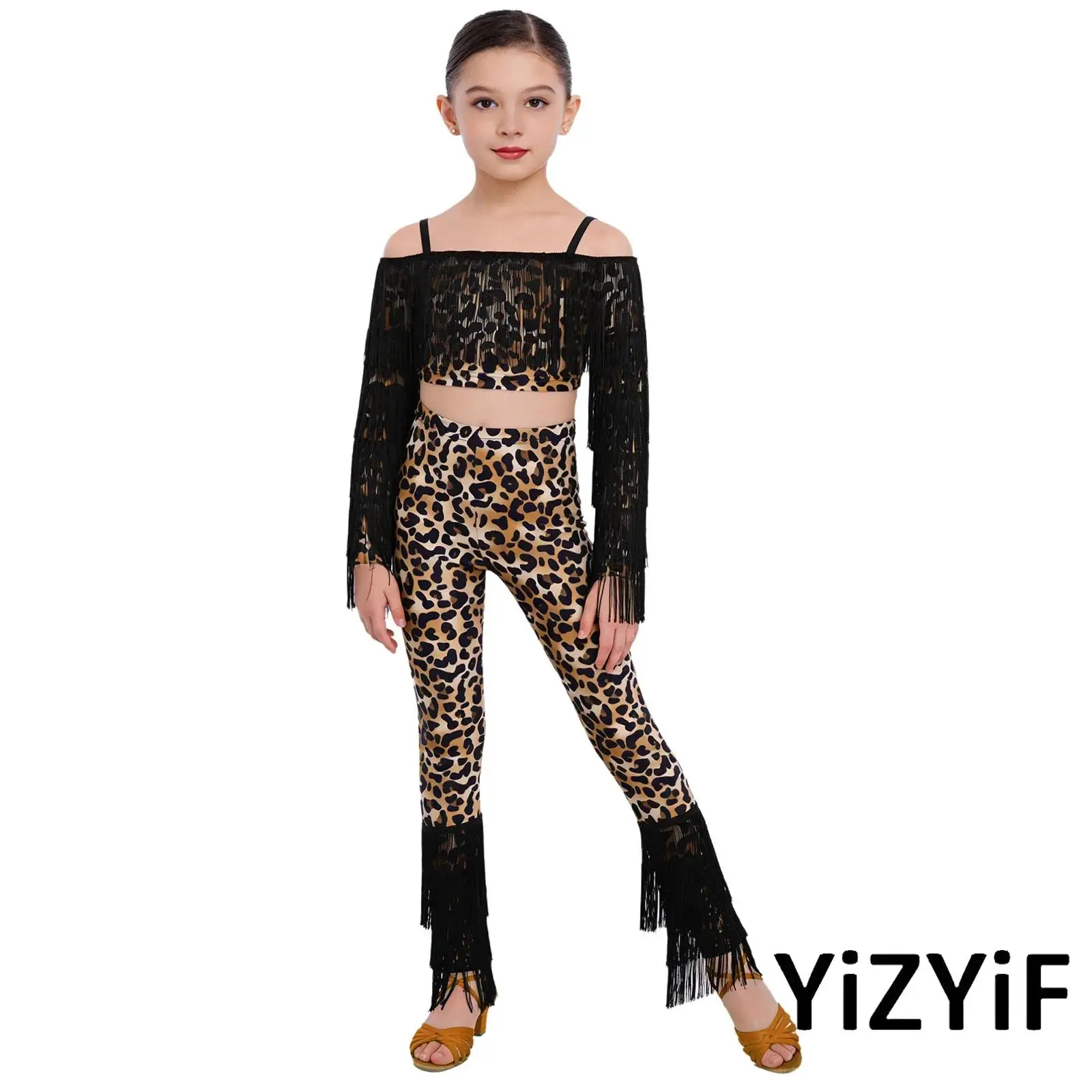 Girls Leopard Print Dance Outfit Tassel Accents Long Sleeve Crop Top And Elastic Waist Pants for Latin Tango Dance Performance