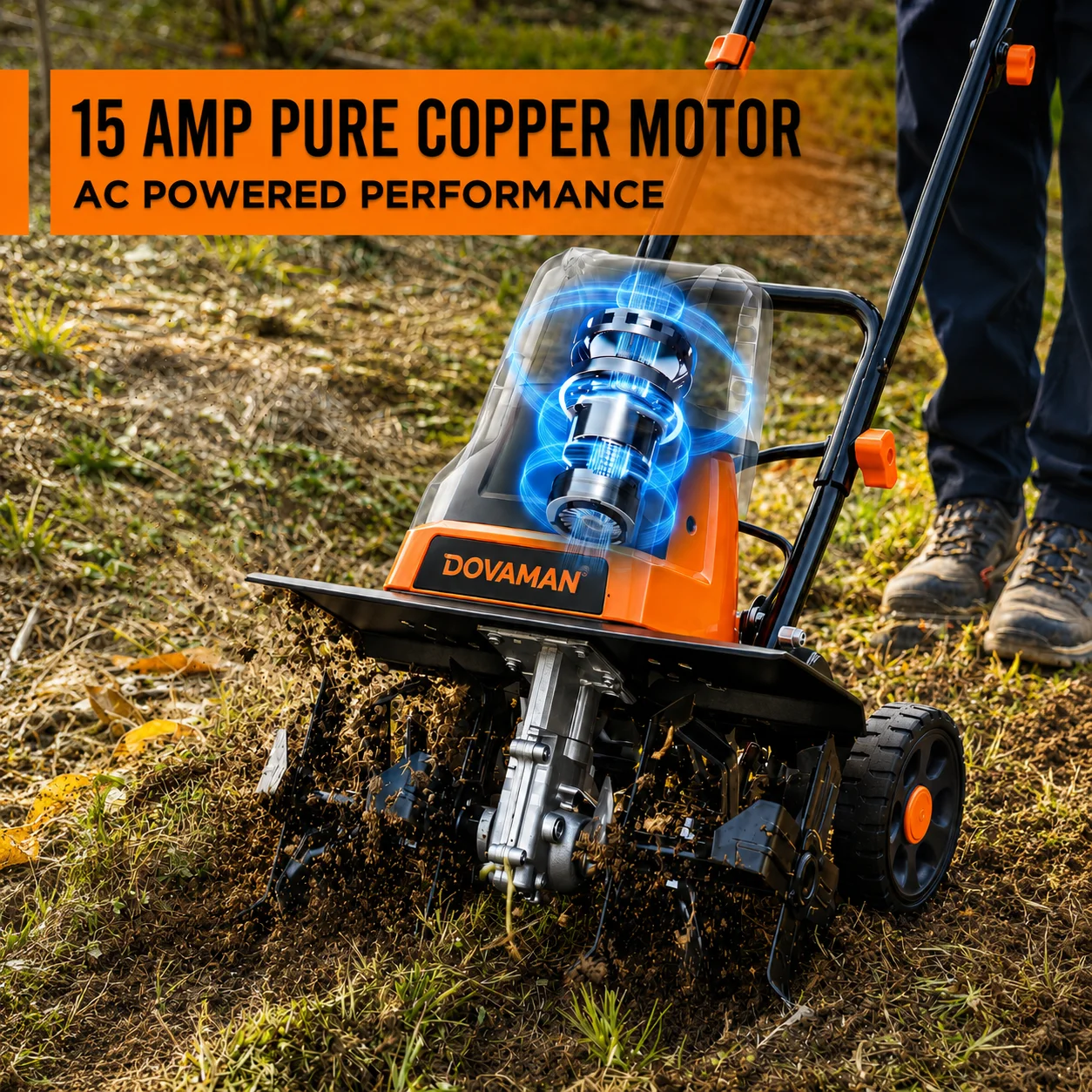 DOVAMAN 18-Inch Electric Garden Tiller 15-Amp Corded Cultivator, 9-Inch Depth, 4-Position Wheels, Foldable Handle