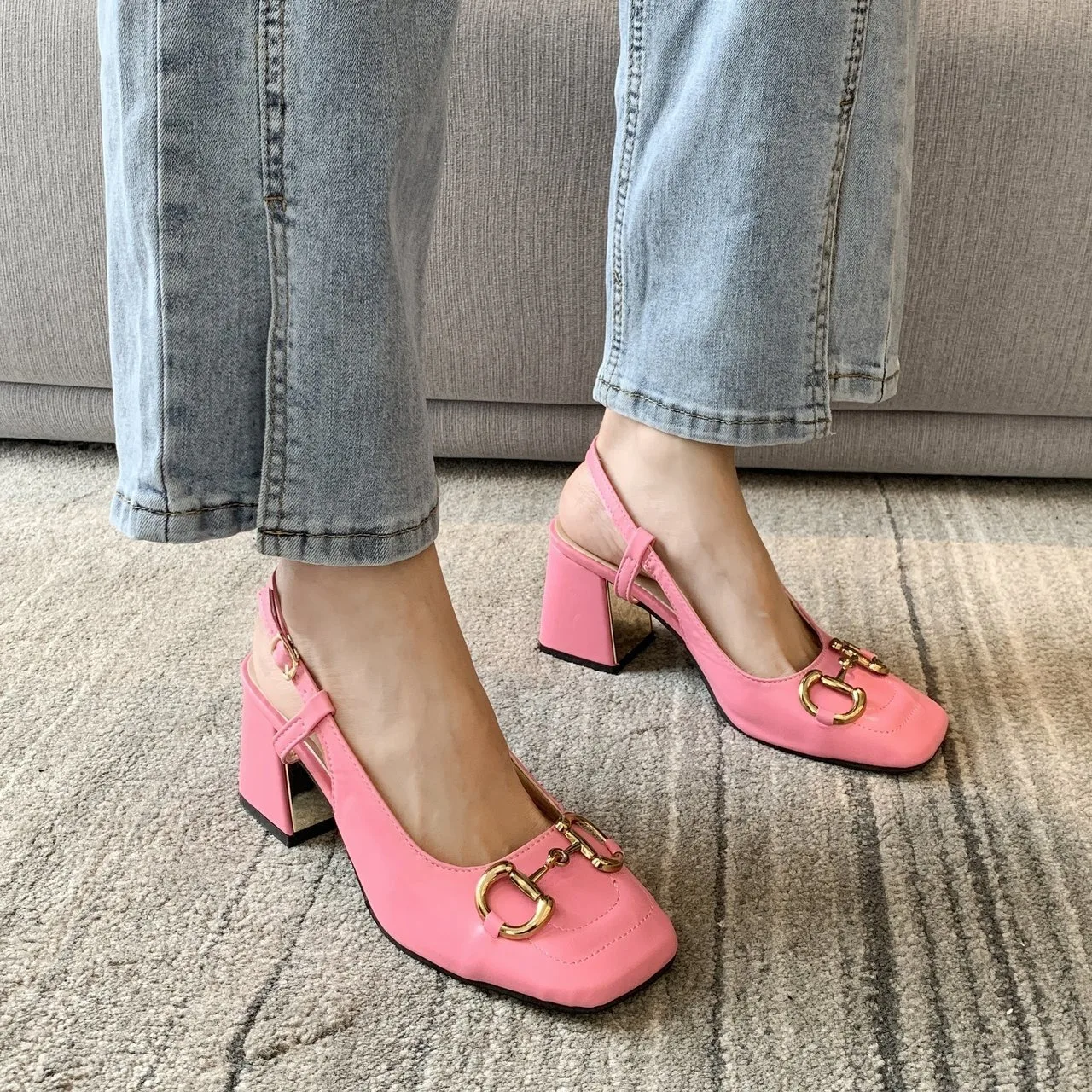 Women\'s High Heels Shoes 2024 Summer Pumps Back Empty Female 8cm Thick Heel Square Toe Mary Jane Shoes Black Pink Talon Femme