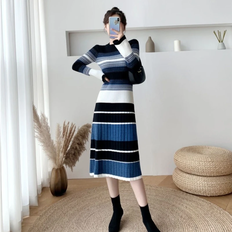 햅번 스타일 여성 니트 드레스 가을 겨울 한국 멋진 우아한 고품질 편안한 스트라이프 크로 셰 뜨개질 드레스 여성을위한