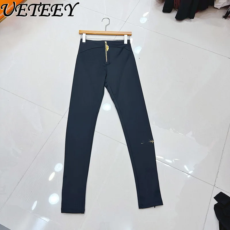 

Женские леггинсы с вышивкой и металлической молнией, эластичные, для фитнеса и йоги, черные, весна 2026, новинка