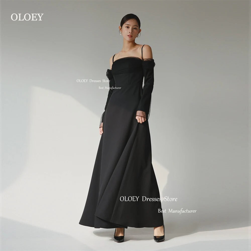 

OLOEY Simple A-Line Korea Black Evening Dresses Spaghetti Straps Corset Wedding Party Dress Photoshoot Ankle Length Prom Gowns