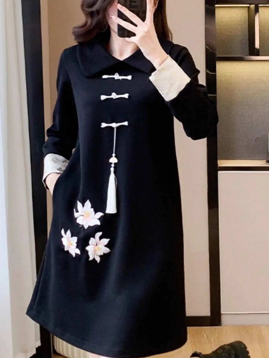 

plus Size 300 Pou New Chinese Sle Embroidered Dr Women's Loose ort Skirt Autumn Season Casual Long Sve A-Line Dr