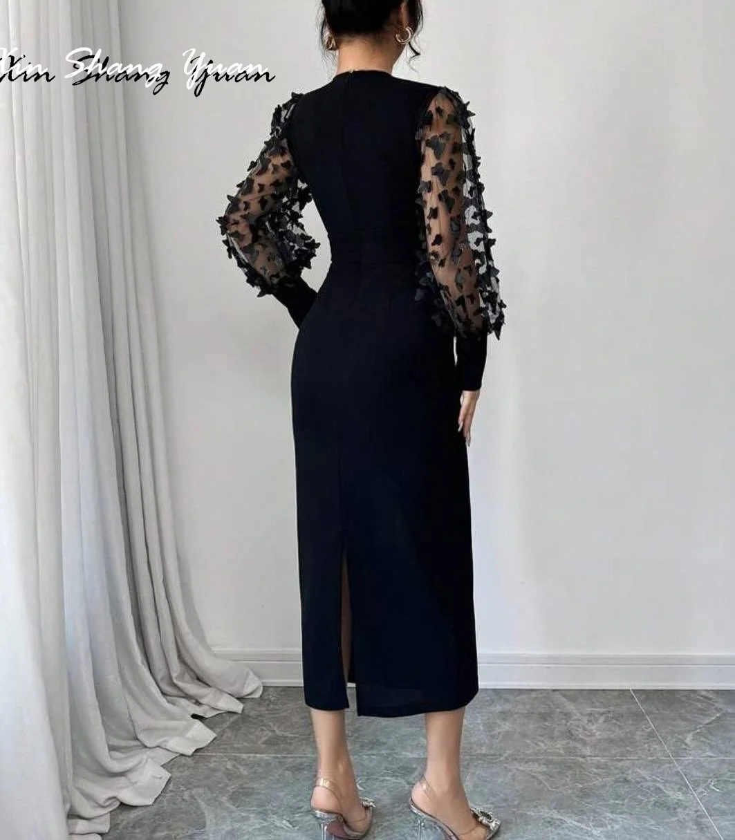 Customized Evening Dress Exquisite Jersey V-Neck Long Sleeves Celebrity Gowns Simple Straight Buttons Lace Party Dresses