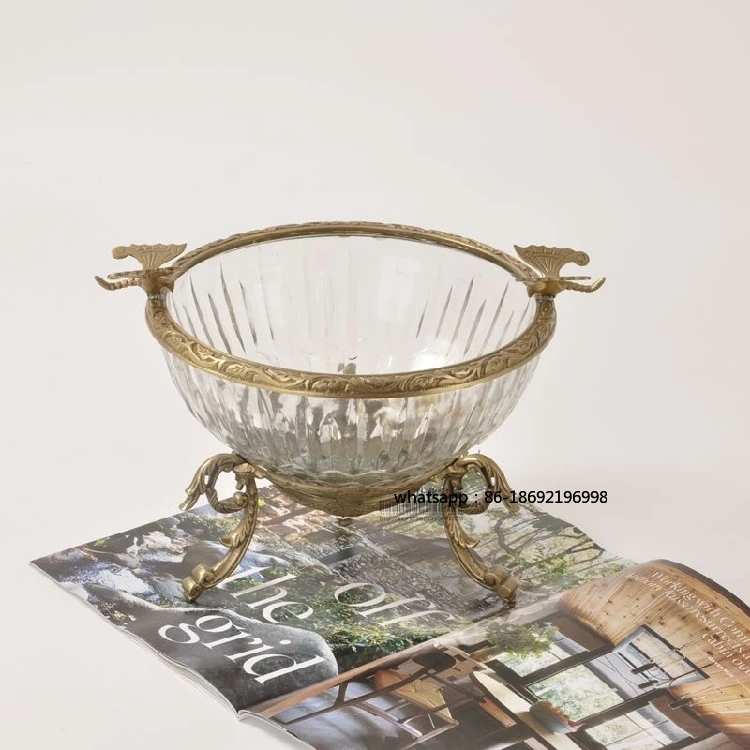 India Imported European Style American Brass Glass Tall Fruit Bowl Fruit Basket Soft Decoration Light Luxury Living Room Home
