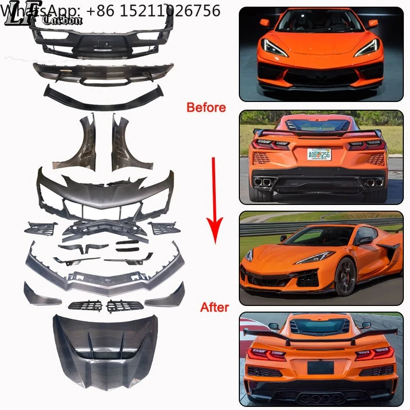 For Update Body Kits for 2023-2024 Chevrolet Corvette C8 Z06 Front and Rear Bumper Diffuser Carbon Fiber Bonnet Hood Fedner Flar