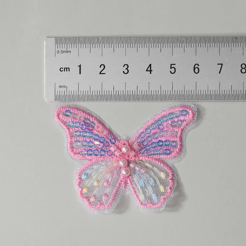 Aplique de mariposa bordado, lentejuelas personalizadas, Clips para el pelo, pendientes, accesorios de decoración, 50 piezas