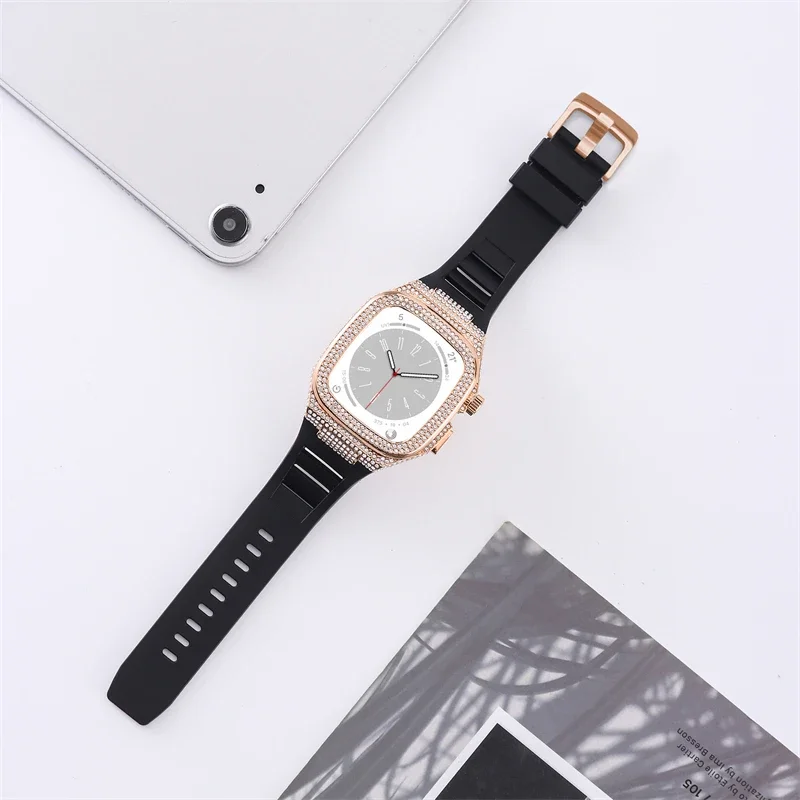 

Алмазный чехол для Apple Watch Band 10 9 8 7 65 46 мм SE 44 Комплект модификации корпуса из нержавеющей стали Резиновый ремешок для IWatch 45 мм 44 мм