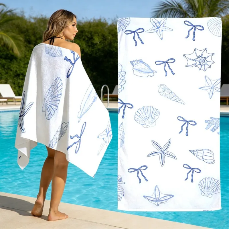 Minimal Coastal Sketch Style White Base Blue Line Shell Starfish Bow Pattern Print Quick Dry Beach Towel