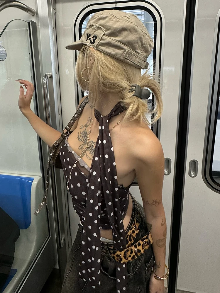 WEIRD PUSS 레트로 홍콩 스타일 폴카 도트 슬림 핏 여성용 튜브 탑 폴리에스터 스판덱스