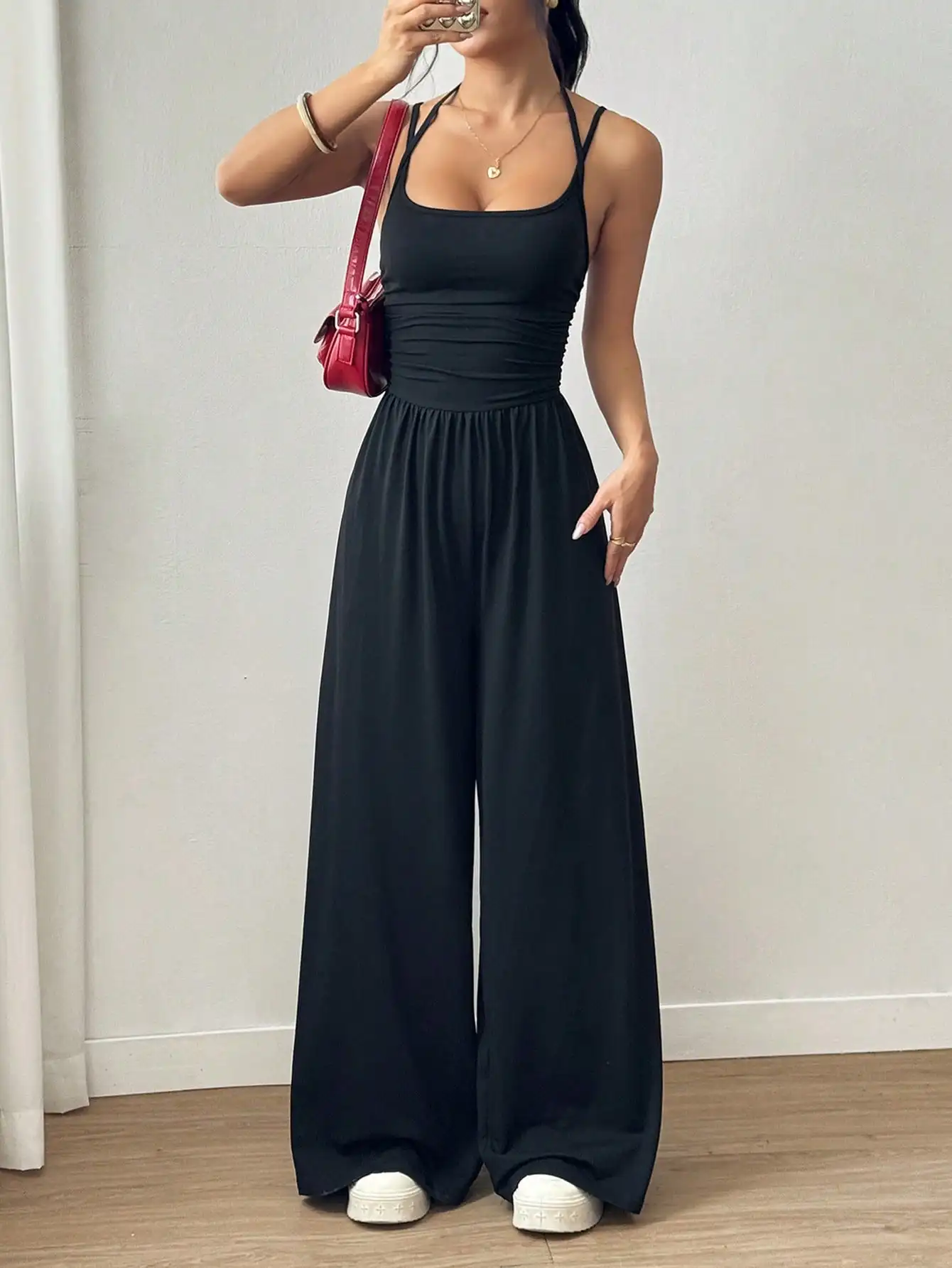 Women's Black Adjustable Strap Wide Leg Jumpsuit, Loose Fit, Spring Summer Casual