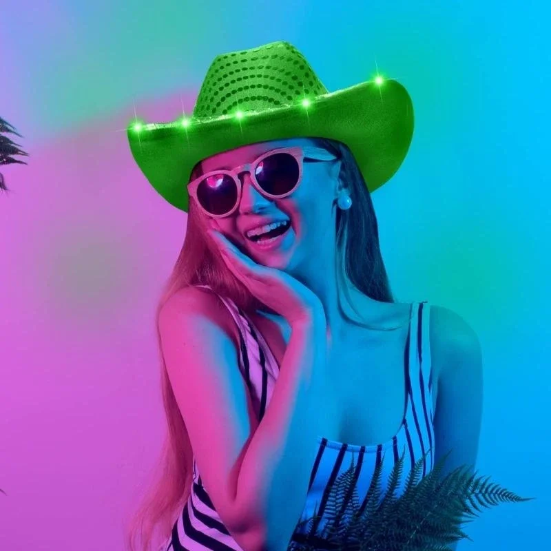 

PXPB LED Patricks Cowboy Hat Wedding Cowgirl Hat Festival Hat with LED Light Up Decors Western Elegant Dress Accessory