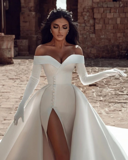 Robe De mariée en Satin, épaules dénudées, boutons perlés, Sexy, fente latérale, arabe, dubaï, Robe De mariée, Court, traîne