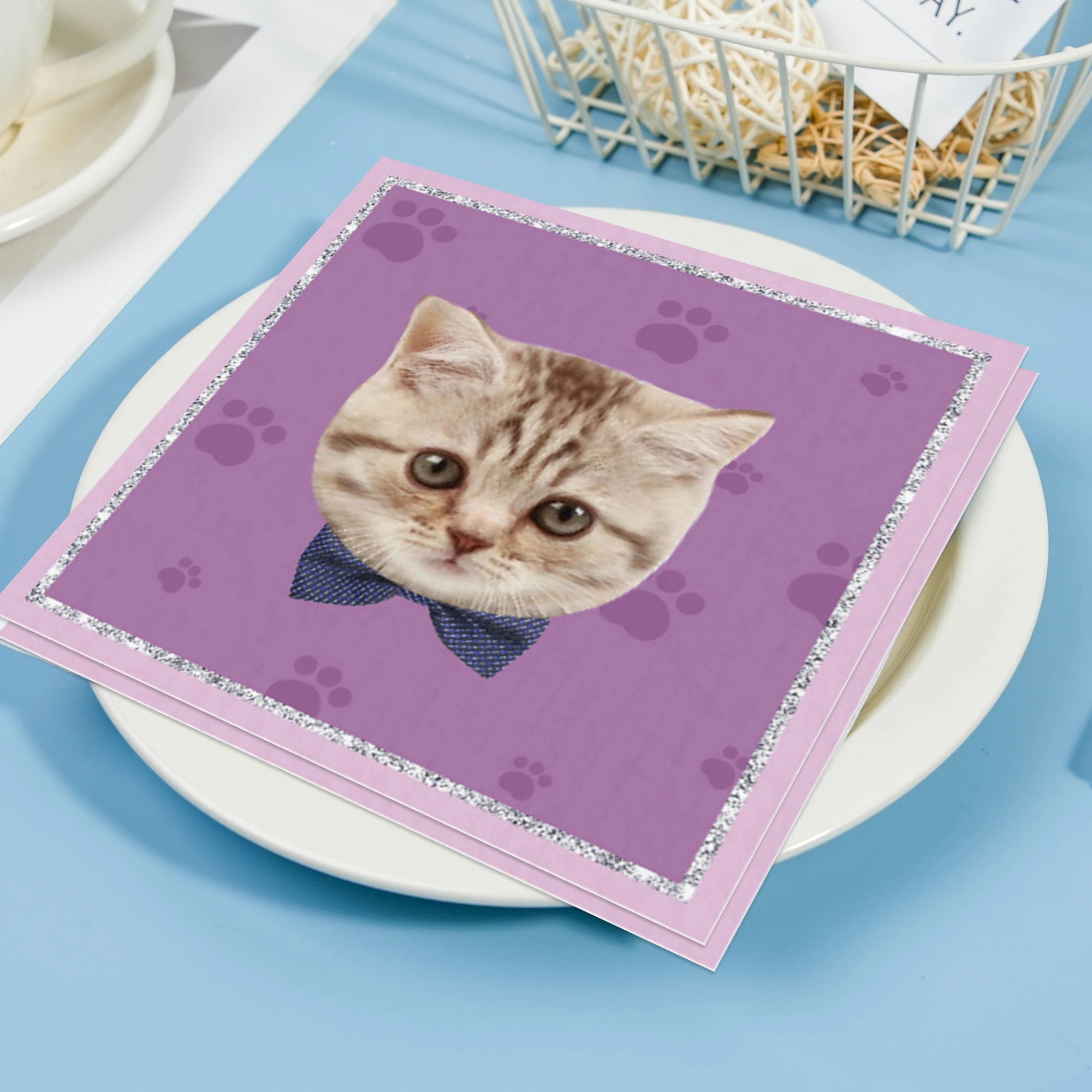 20 Pcs Light Purple Cat Paw & Kitten Face Printed Paper Napkins, Perfect for Birthday Party, Pet Themed Party & Decoupage Crafts