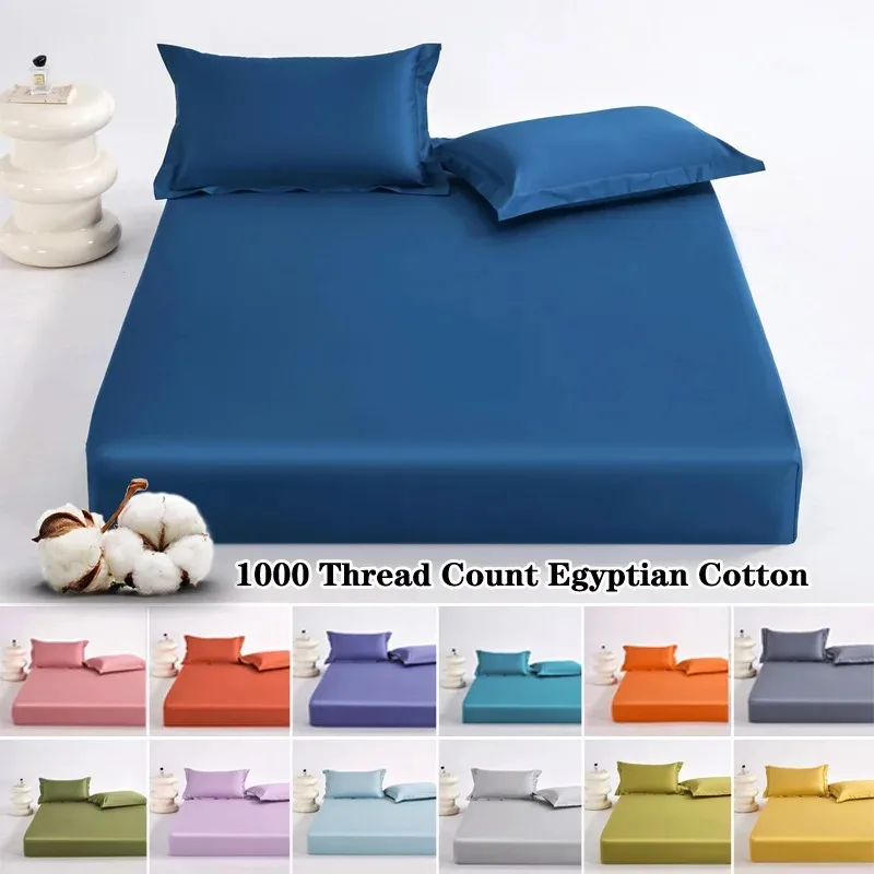 100% Egyptian Cotton Bed Sheet 120x200x30cm 1000 Thread Count Fitted Sheet with Elastic Band Solid Mattress Cover 1PC Home Linen