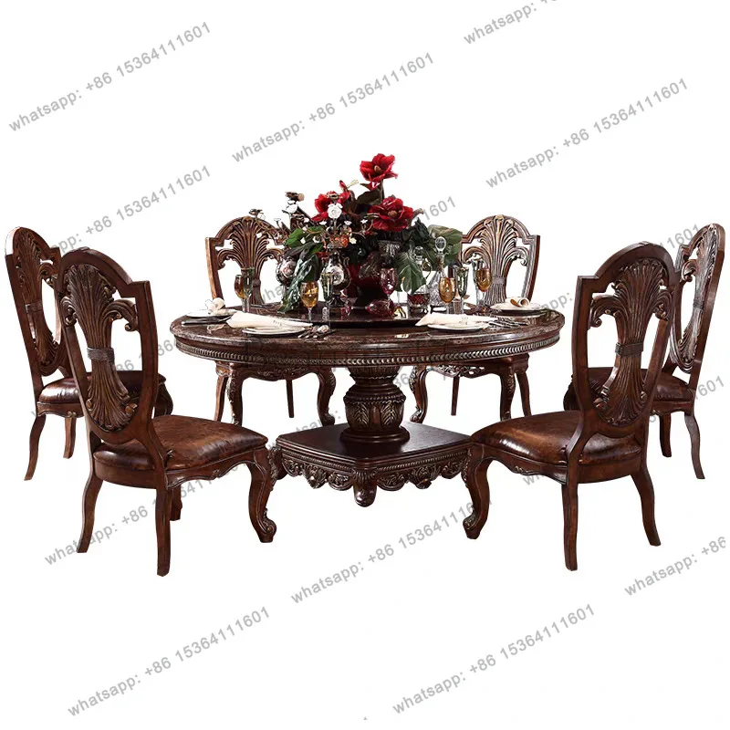 American solid wood carving flower round natural marble dining table furniture