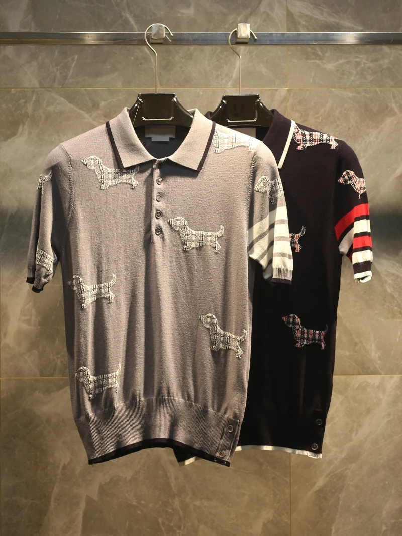 

High-End Spring Summer New Knitted Dog Pattern irt ort Sve Tennis Men's Faion Ci Sle Youth Stand Fit