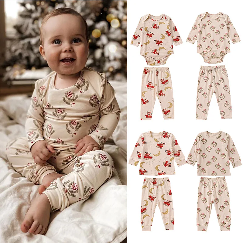 

Baby Christmas Clothes Set Cotton Print Long Sleeve Romper Pants Newborn Boy Girl Spring Autumn Boysuit Two Piece Set