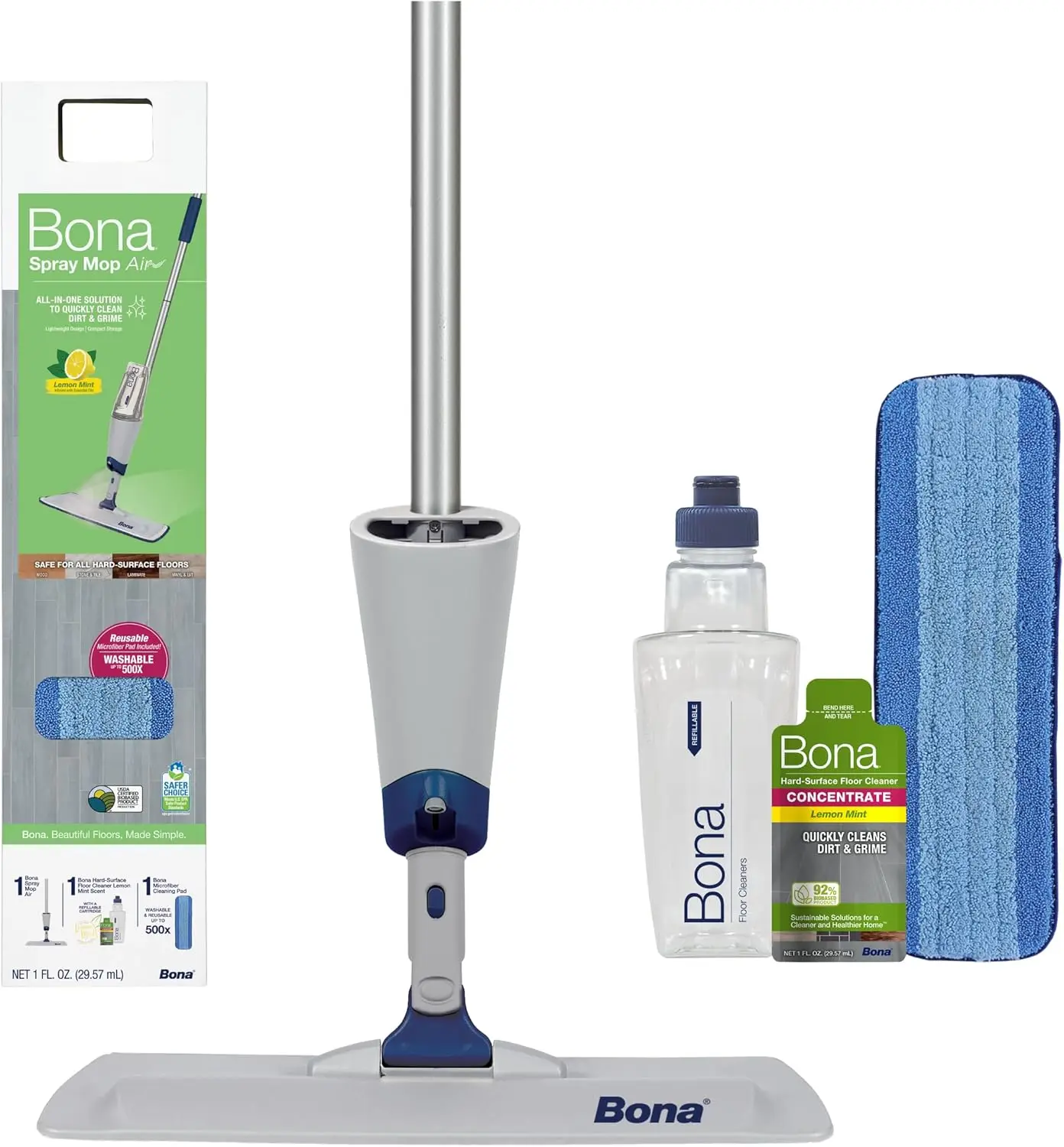 

Легкая швабра-спрей с ароматом лимона и мяты — средство для чистки нескольких поверхностей и подушечка из микрофибры в комплекте