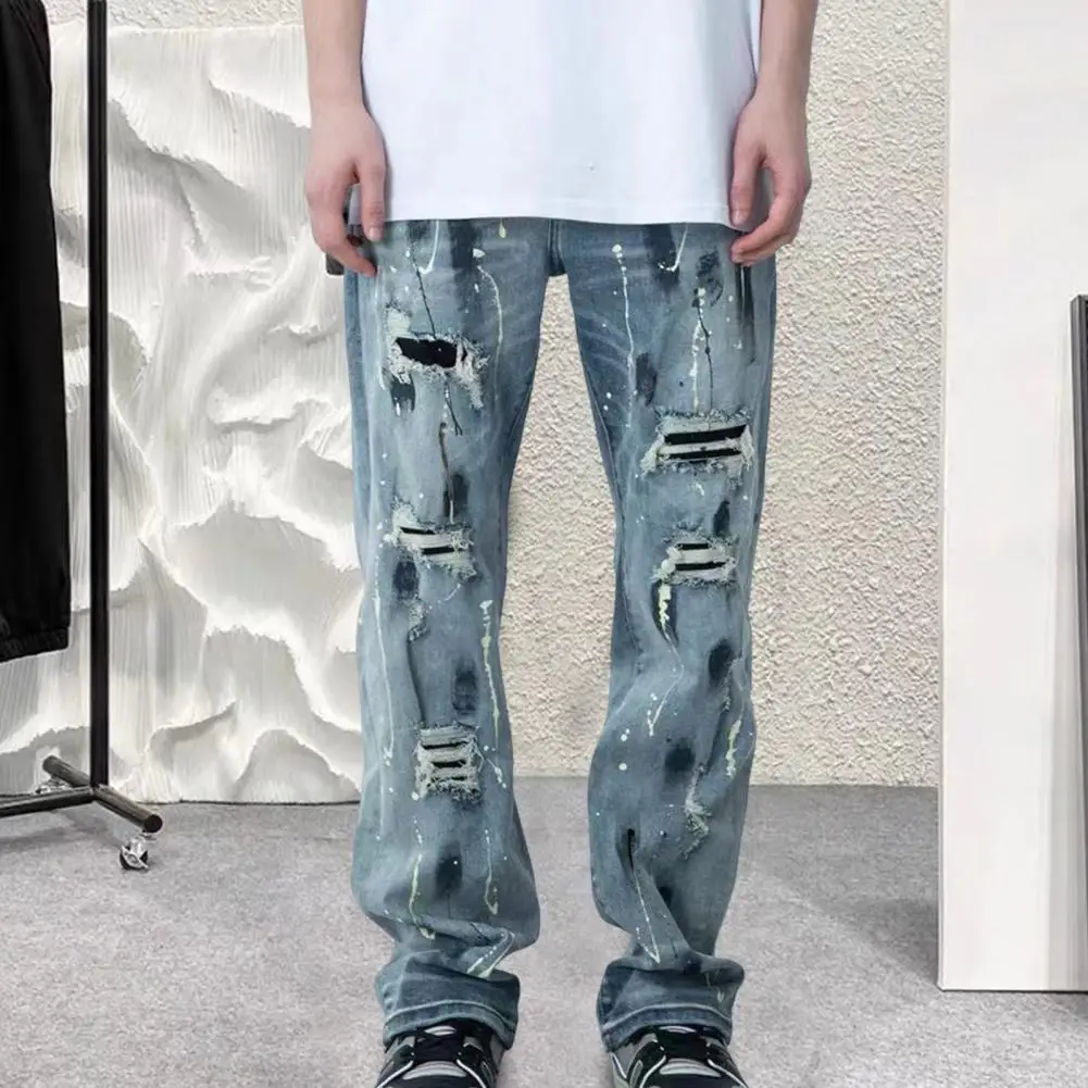 Korean Fashion Ripped Broken Holes Denim Pants Men Jeans Autumn Ink Splash Straight Denim Pants Male pantalones hombre штаны