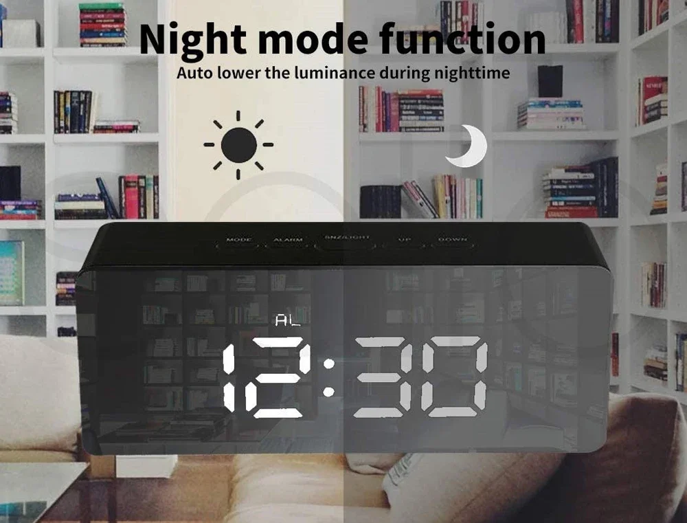 Snooze Mirror Digital Alarm Clock LED Night Lights Thermometer Wall Clocks Lamp Square Rectangle Multi-function Table Watch USB