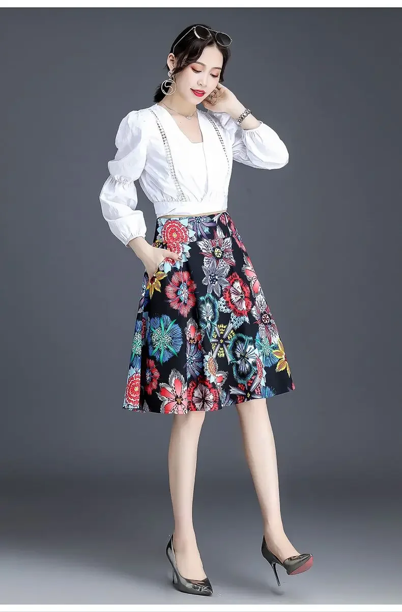 

Spring and Autumn Fashion Print Splicing High Waist Skirt Women's 2024 Korean Casual A-line Mid Length Skirt Women's Wear P781