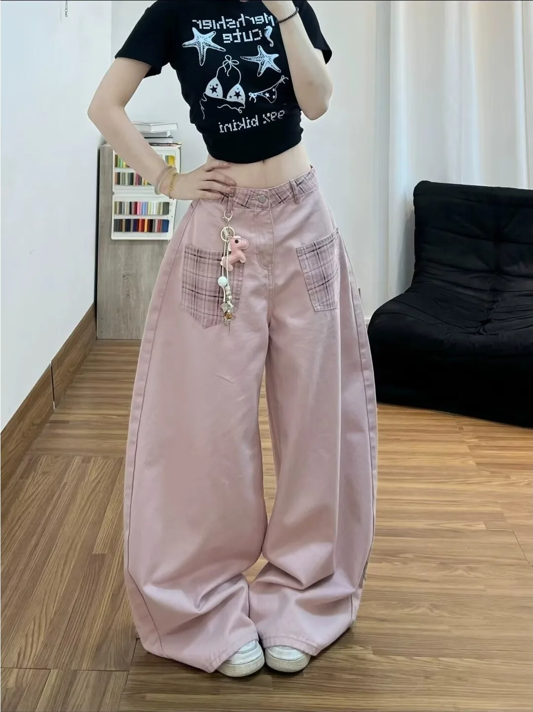 Pink High Waist Wide Leg Jeans Women's Spring Autumn Winter Plaid Splicing Sweet Style Loose Knife  Floor Length Pants