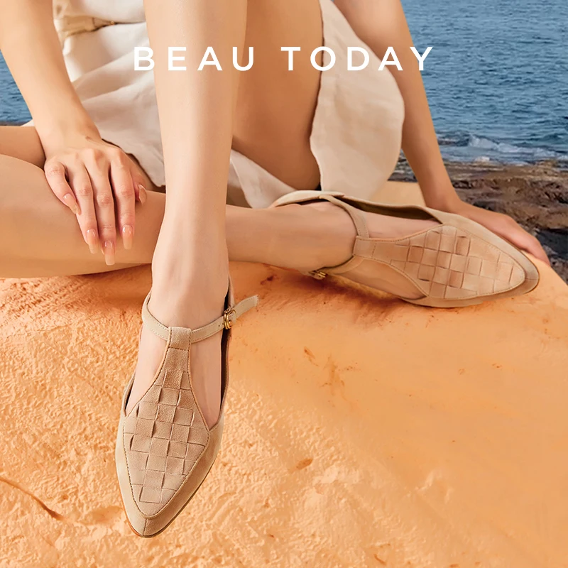 

BEAUTODAY тканые лоферы, женские замшевые туфли с Т-образным ремешком, регулируемая пряжка, острый носок на плоской подошве, женская обувь на низком каблуке в стиле ретро, 28303