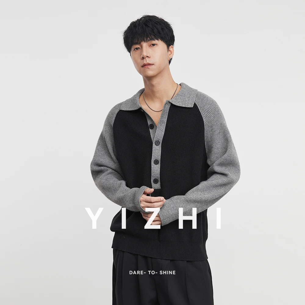 

Fashion Men's Heavy 2025 Autumn and Winter New Lazy Contrast Color Knit Sweater Men Retro All-match Lapel Sweater Male Pullover