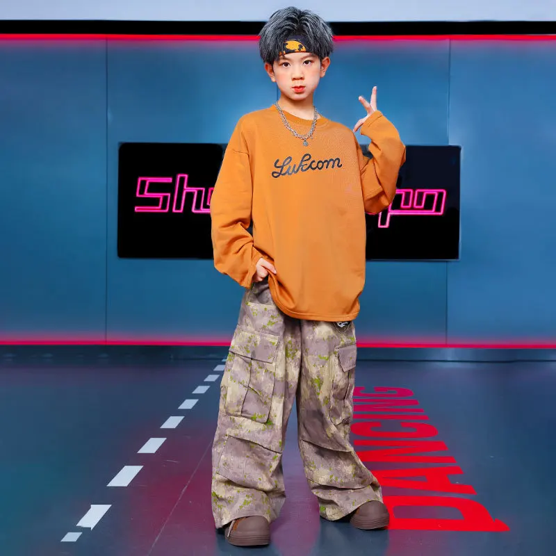 Детский хип-хоп хип-хоп крутой джазовый танцевальный костюм для девочек, байкерский костюм для мальчиков, оранжевый камуфляжный брючный костюм с длинными рукавами