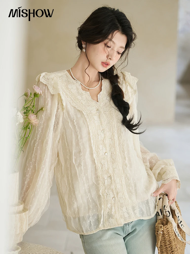 MISHOW Women\'s French Vintage Lace Mesh Chiffon Blouses 2024 Spring Embroidery Elegant Bubble Sleeve Ruffle Edge Top MXD12C0159