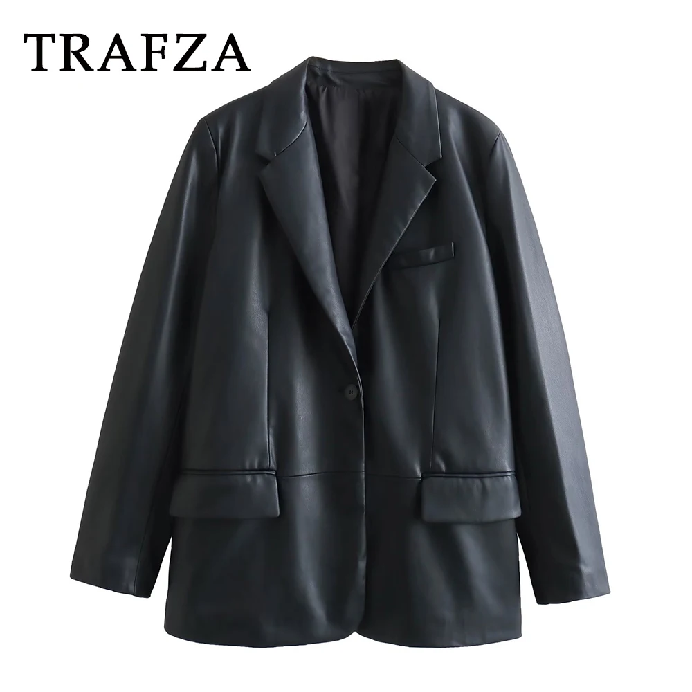 TRAFZA 2023 Autumn Women Office Lady Solid Blazer Imitation Leather Loose Fit Jackets Casual Button Jacket Mujer Women Outwears