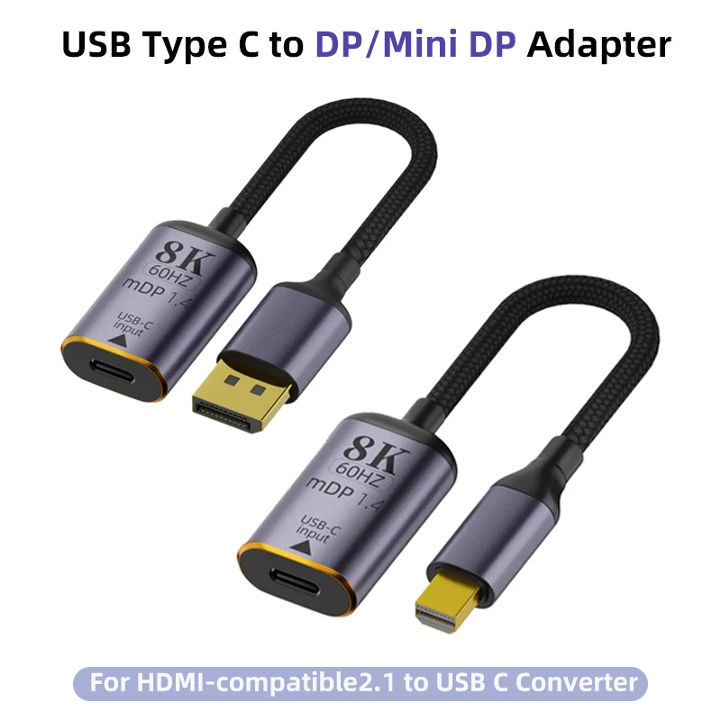 USB Type C to DP/Mini DP Adapter HD 8K@60Hz HDMI-compatible2.1 to USB C Converter Male to Female Cable for Laptop MacBook TV Box