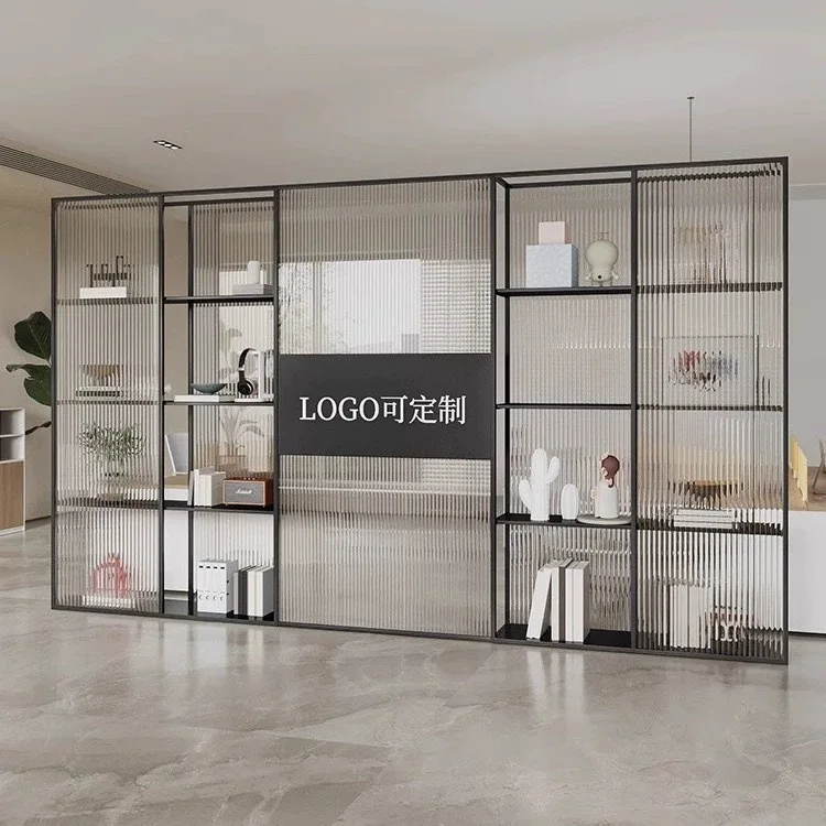 M Modern wrought iron glass partition office entrance entrance screen decoration simple background wall shelf