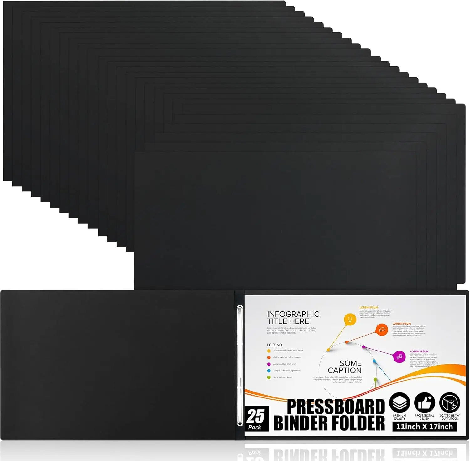 

25 Pack 11x17 Pressboard Report Covers, 3" Capacity Binder with Metal Prong Fasteners, Black