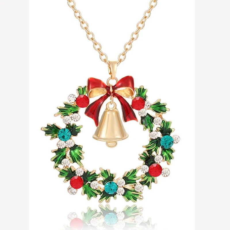 Christmas Necklaces for Women Mom Glitzy Rhinestone Xmas Wreath Bell Pendant Necklace Holiday Jewelry Gift