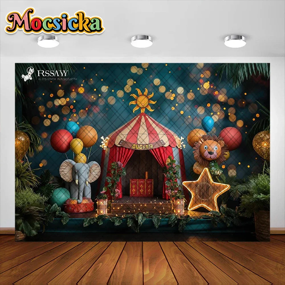 Mocsicka การถ่ายภาพพื้นหลัง Circus ลูกโป่งที่มีสีสันสิงโตช้างตกแต่งเด็กวันเกิดพื้นหลังสตูดิโอ Props