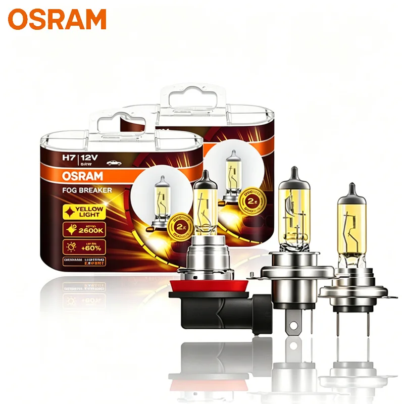 OSRAM Yellow Fog Breaker H1 H3 H4 H7 H8 H11 9003 9005 HB3 12V FBR Halogen Fog Lamp Car Headlight 2600K Light +60% Brighter 2PCS