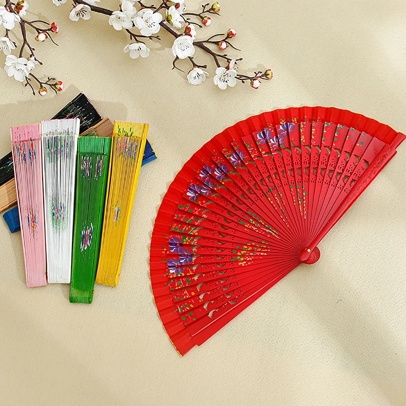 1PC Chinese Style Folding Fan Hollow Double-sided Craft Gift Dancing Printing Wood Spanish Hand Fan Party Supplies