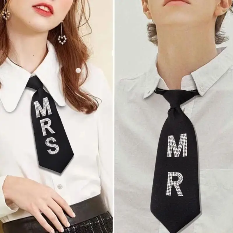 31BF Sparkling Rhinestones MR MRS Letters Polyester Black Neck Tie for Parties Event