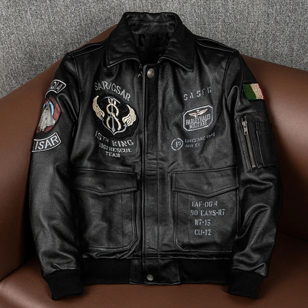 

2024 New Men’s Flying Suit Genuine Leather Coat Cowhide Leather Indian Embroidery Motorcycle Jackets