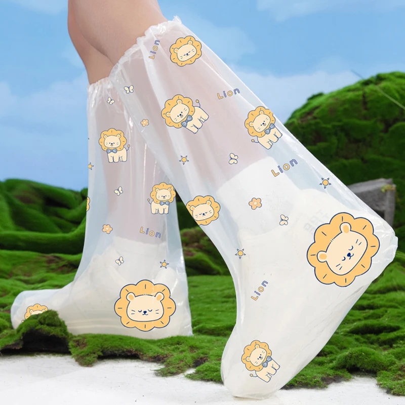 10Pcs Cartoon Rain Boot Covers Transparent Child Rain Gear Portable Disposable Thickened Long Leg Shoe Cover Outdoor Camping