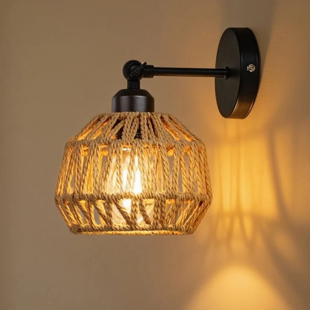 Nuevo diseño de luz de pared de ratán para dormitorio, sala de estar, lámparas de noche tejidas, luces de cuerda de cáñamo Retro E27, decoración Interior